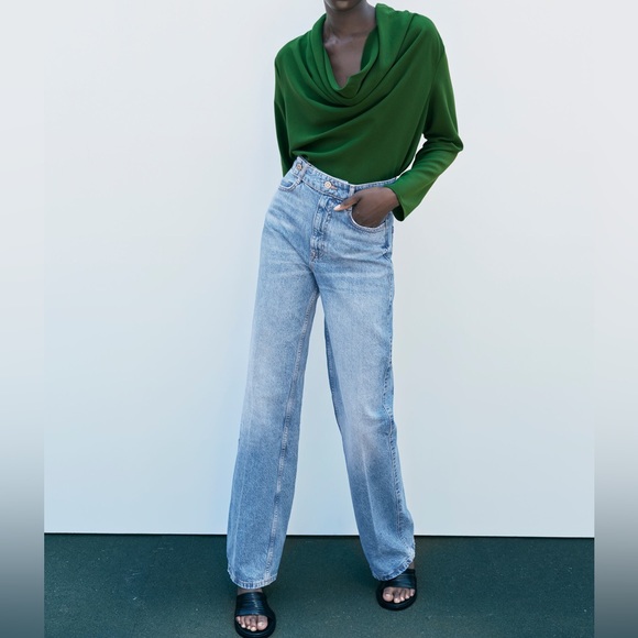 ZARA KELLY GREEN COWL FLOWY NECKLINE LONG SLEEVE BLOUSE - Picture 13 of 13